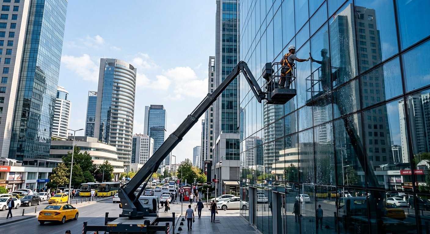 Plaza cam cephesi yanında platform vinç