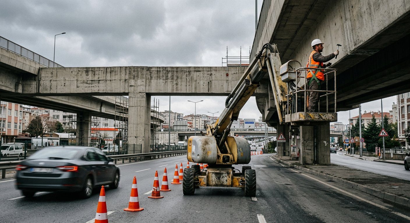 Köprülü kavşak çevresinde platform vinç
