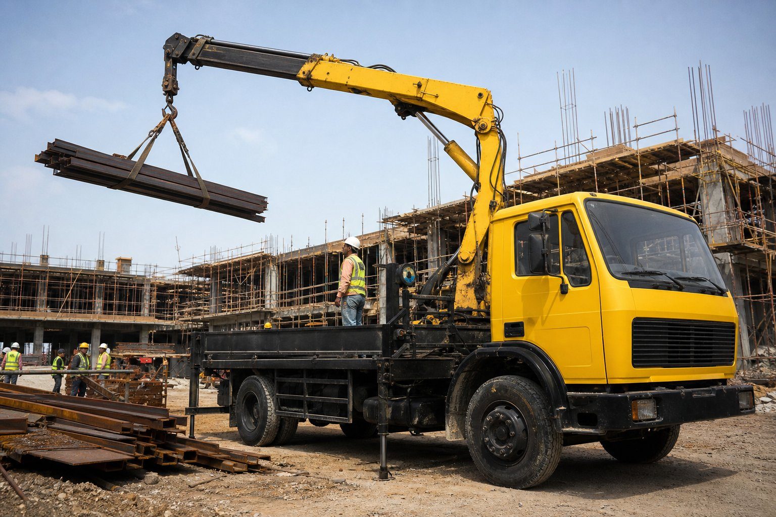 İnşaat sahasında sarı vinç kamyonu